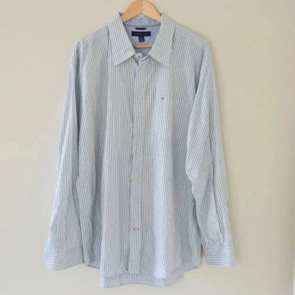 TOMMY HILFIGER Long Sleeve Button Down Shirt with Stripes White Navy Light Blue